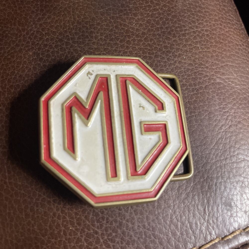 Vintage MG Race Car Logo Brass and Chrome Belt Buckle